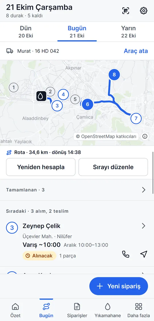 Bugün ekranı: 21 Ekim, sekiz durak haritada sıralı, rota 34,6 km; sıradaki üç alım ve iki teslim