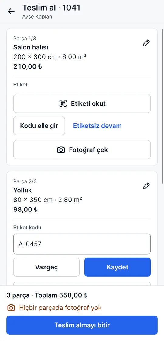Teslim al: parça başına Etiketi okut, Kodu elle gir, Etiketsiz devam ve Fotoğraf çek; etiket kodu A-0457