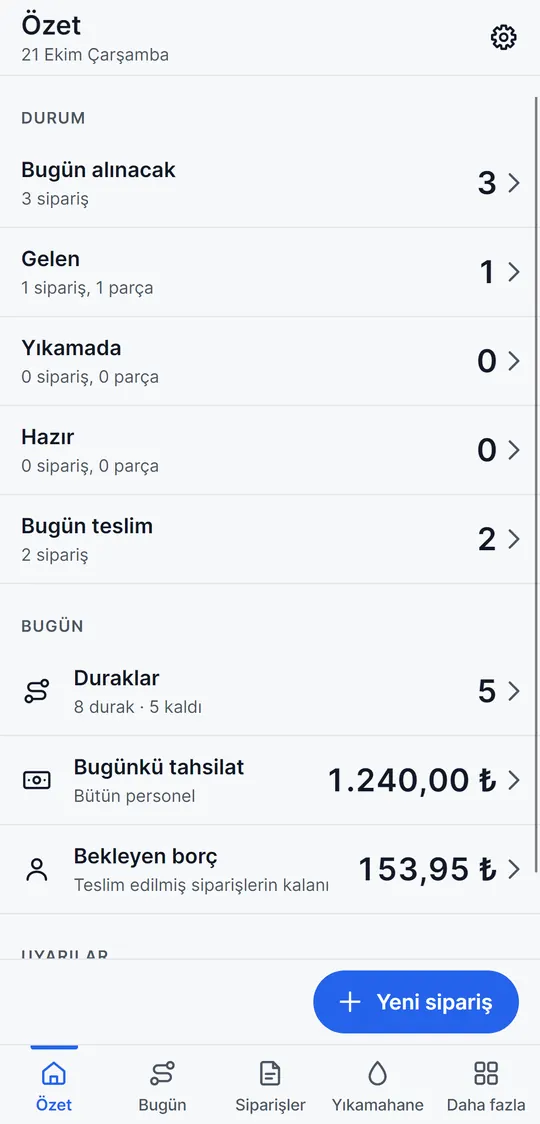 Özet ekranı: bugün alınacak 3, bugün teslim 2, bugünkü tahsilat 1.240,00 ₺, bekleyen borç 153,95 ₺