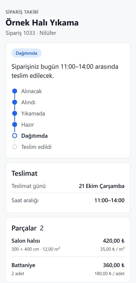 Müşteri takip sayfası: Örnek Halı Yıkama, sipariş 1033 dağıtımda; aşamalar, teslimat günü ve saat aralığı, parçalar ve ölçüleri