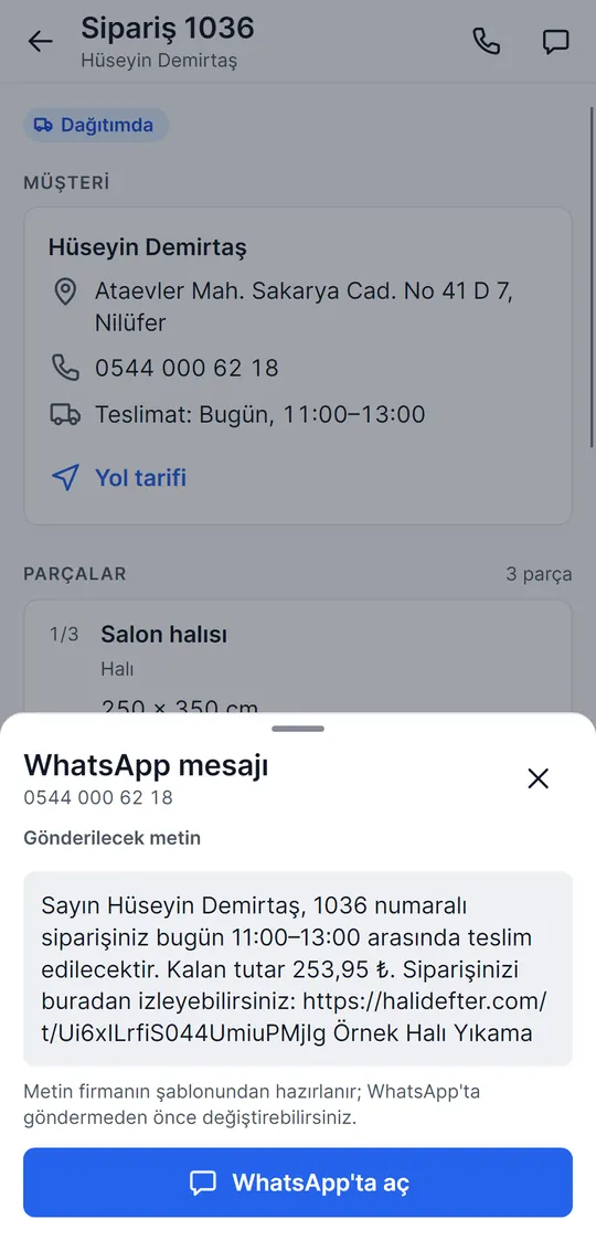 WhatsApp mesajı: teslim saati, kalan tutar ve takip bağlantısı içeren hazır metin; WhatsApp’ta aç düğmesi