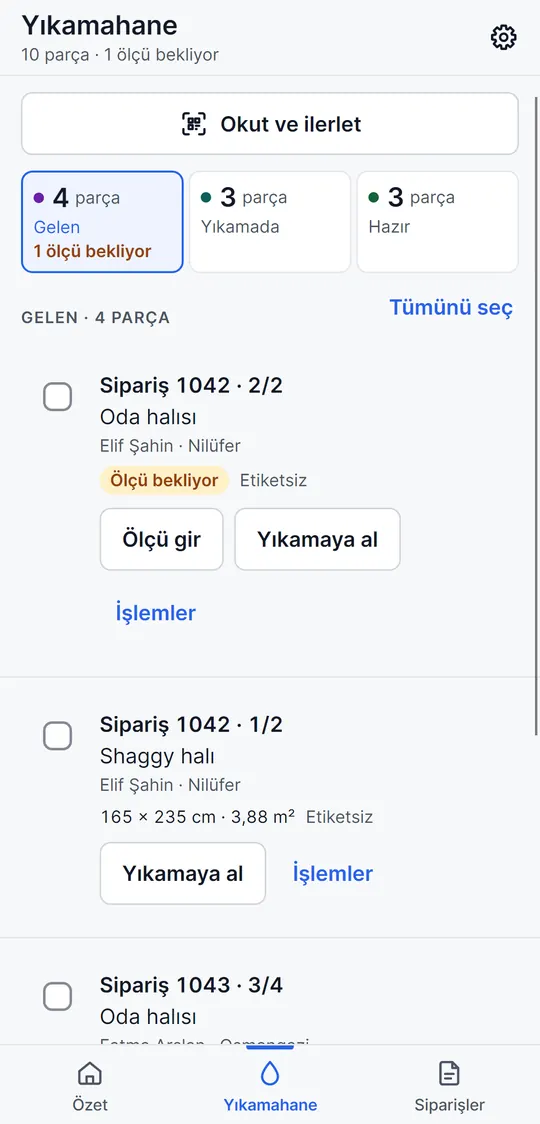 Yıkamahane: 4 parça gelen, 3 yıkamada, 3 hazır; gelen parçaların listesi ve Yıkamaya al düğmeleri